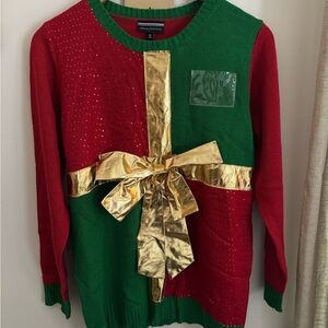 Allison Brittney Red and Green Gift Box Sweater with Gold Bow